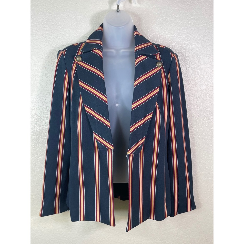Chicos 0 US 4 Blazer Navy Blue Striped Open Front Button Detail Jacket Career